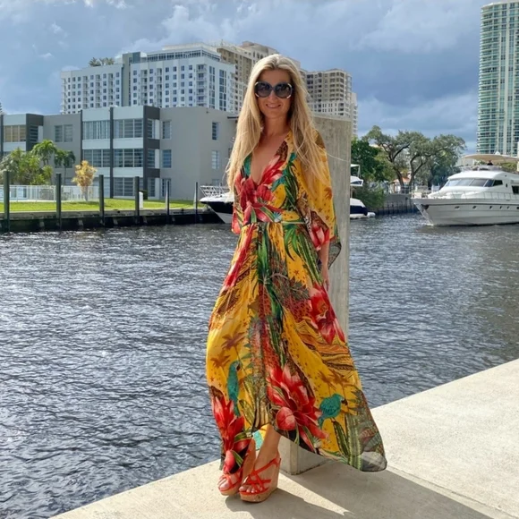 NWT Farm Rio Tropical Dreams Caftan Maxi Dress In Cheetah & Floral Print - Picture 2 of 16